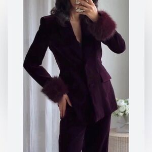 ZARA Maroon Velvet Matching Blazer and Pants Faux Fur Trim